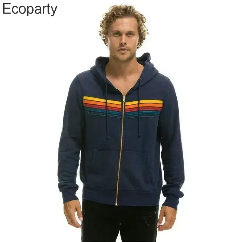Autumn Unisex Aviator Nation Hooded Zip-Up Sweatshirt β Long-Sleeve Rainbow 5-Stripe Hoodie Jacket