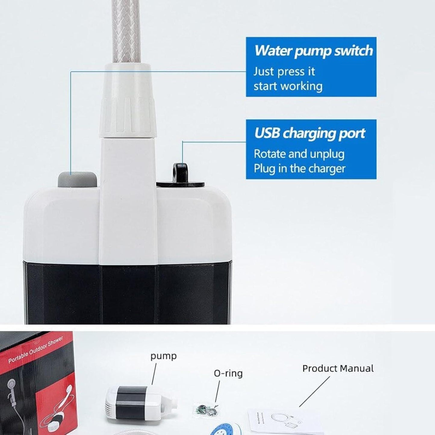 Portable Camping Shower - USB Rechargeable Outdoor Shower Water Pump for Camping and Hiking