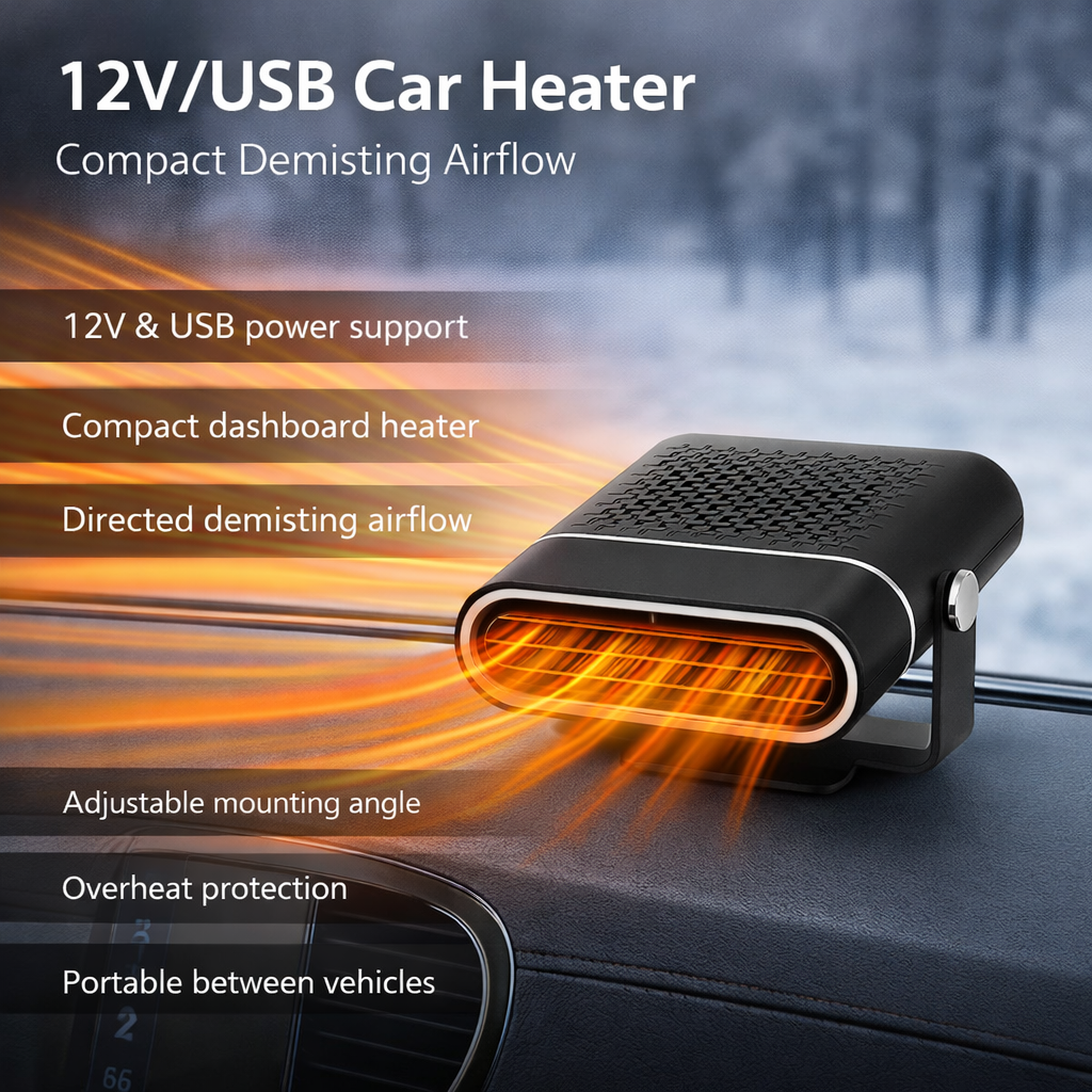 12V/USB Car Heater - Compact Demisting Airflow for Quick Windshield Clarity