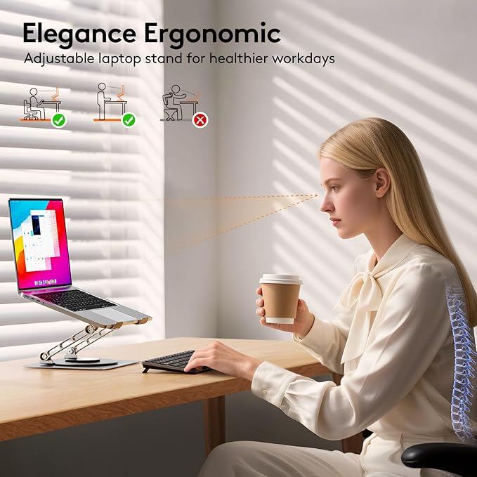 TECKNET Ergonomic Adjustable Laptop Stand for Desk – 360° Rotating Holder for Comfortable, Flexible Viewing