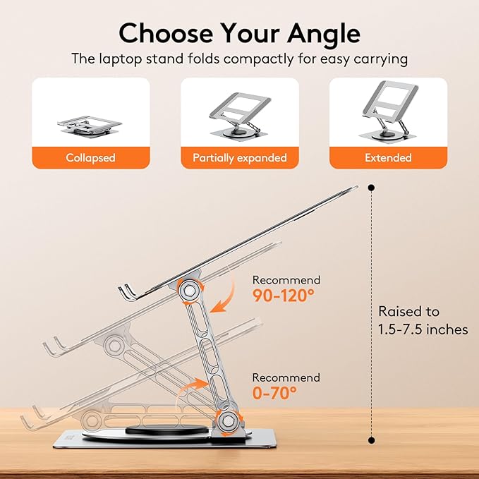 TECKNET Ergonomic Adjustable Laptop Stand for Desk – 360° Rotating Holder for Comfortable, Flexible Viewing