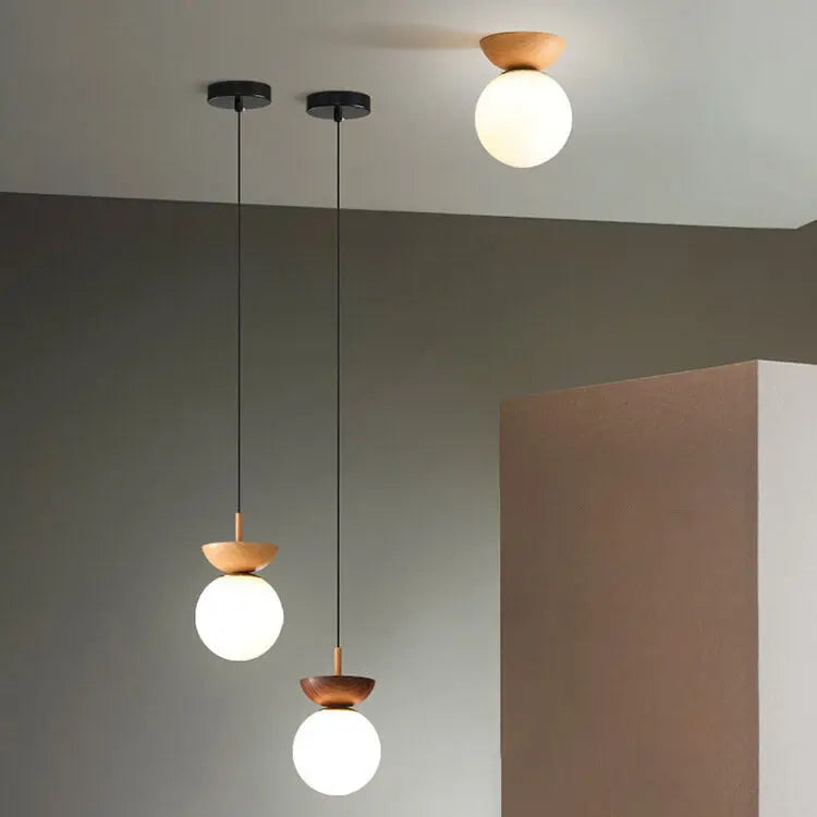 Elegant Wood-Grain Glass Globe Ceiling Light