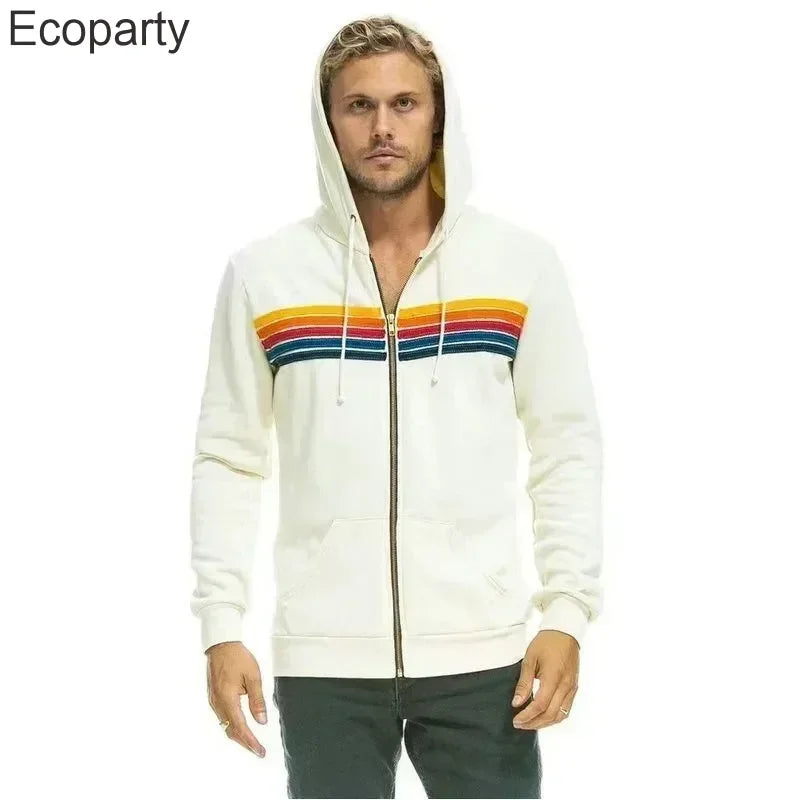 Autumn Unisex Aviator Nation Hooded Zip-Up Sweatshirt — Long-Sleeve Rainbow 5-Stripe Hoodie Jacket