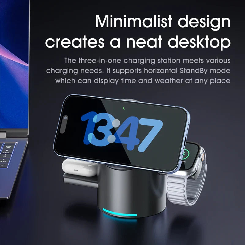3-in-1 MagSafe Wireless Charging Station for iPhone 16/15/14/13/12, AirPods & Apple Watch with Rotating Stand