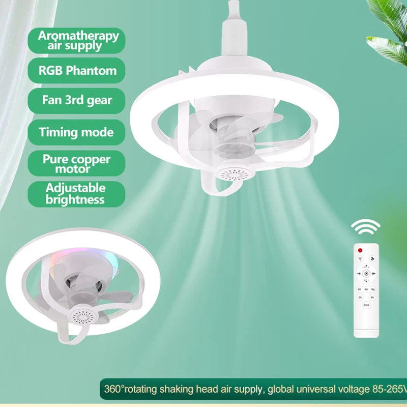360° Rotating E27 LED Ceiling Fan Light with Remote, RGB Color, Dimmable Ventilator Lamp for Home Lighting, AC 85-265V