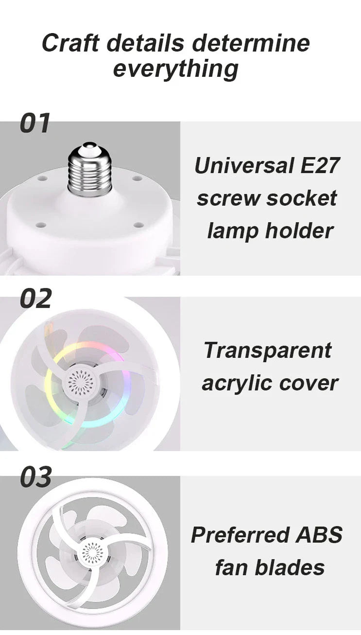 360° Rotating E27 LED Ceiling Fan Light with Remote, RGB Color, Dimmable Ventilator Lamp for Home Lighting, AC 85-265V
