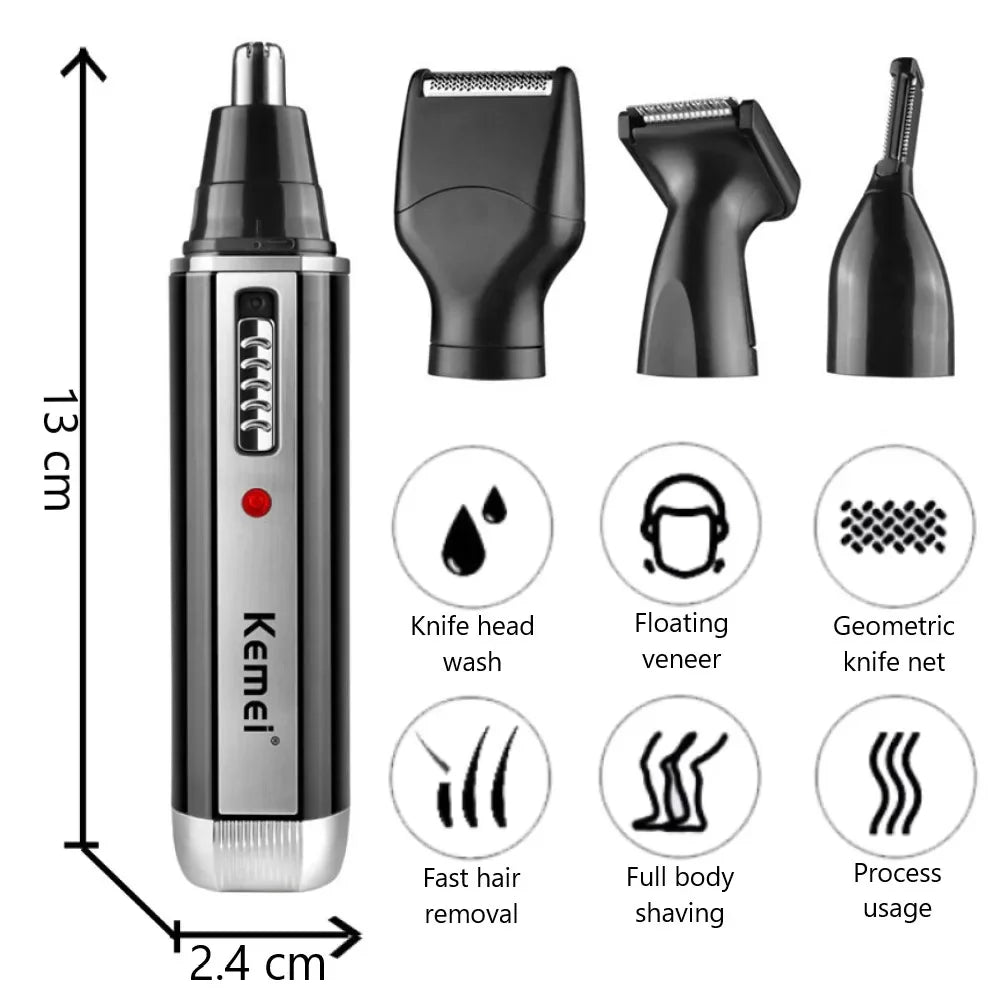 Kemei 4-in-1 Men's Grooming Kit - Rechargeable Electric Trimmer for Hair, Beard, Nose & Ear