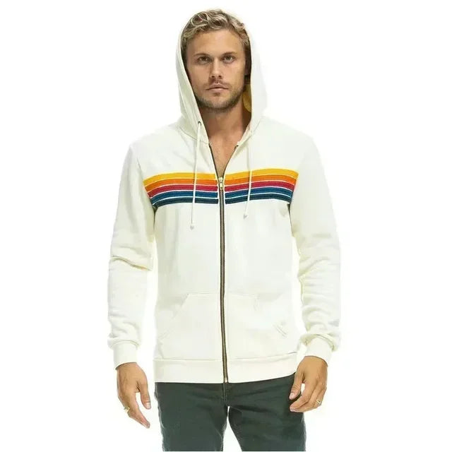 Autumn Unisex Aviator Nation Hooded Zip-Up Sweatshirt — Long-Sleeve Rainbow 5-Stripe Hoodie Jacket