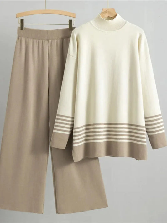 Muslim Women's Knitwear Two-Piece Set – Striped Pullover Sweater with Wide-Leg Knitted Pants – Casual Modest Ensemble 2024