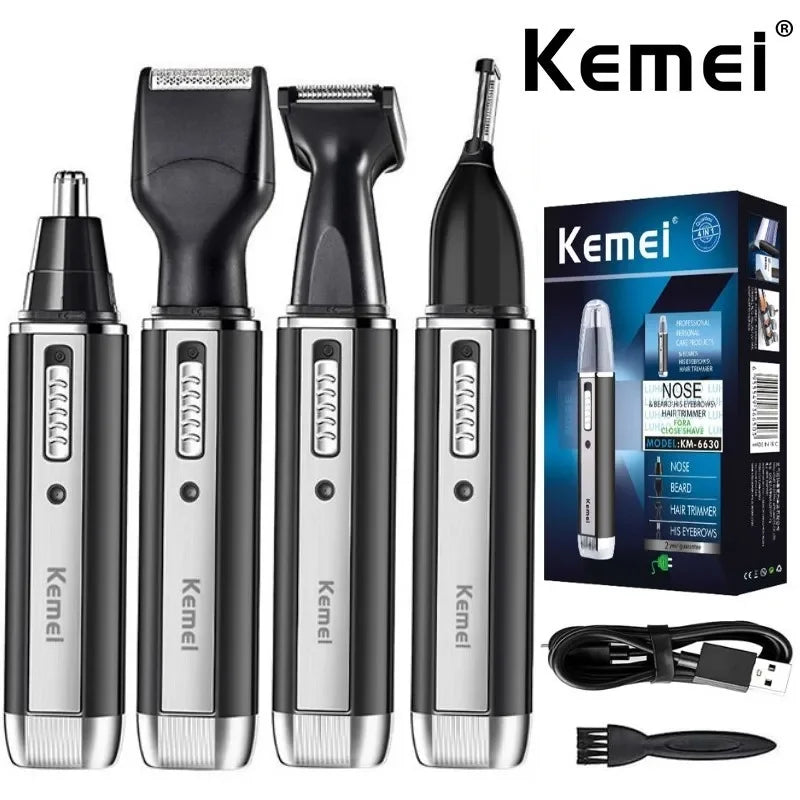 Kemei 4-in-1 Men's Grooming Kit - Rechargeable Electric Trimmer for Hair, Beard, Nose & Ear