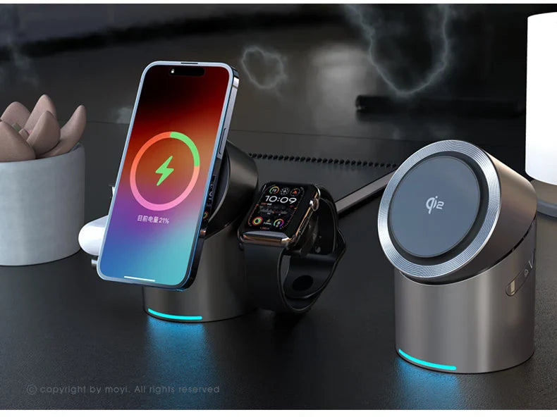 3-in-1 MagSafe Wireless Charging Station for iPhone 16/15/14/13/12, AirPods & Apple Watch with Rotating Stand