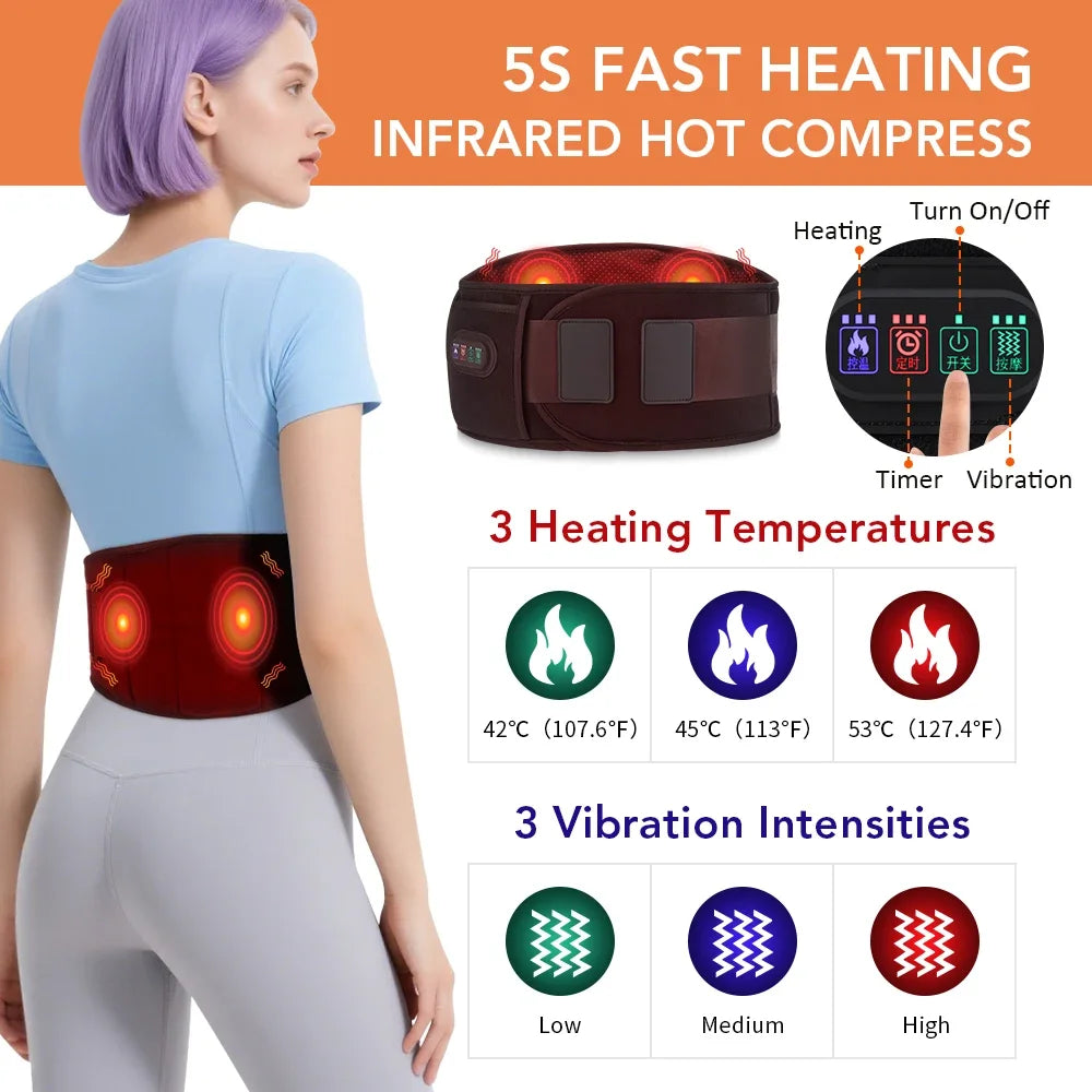 Infrared Heated Vibration Waist Massager Belt – 3 Levels, Dual Red Light Therapy, Hot Compress for Lower Back Relief and Lumbar Support