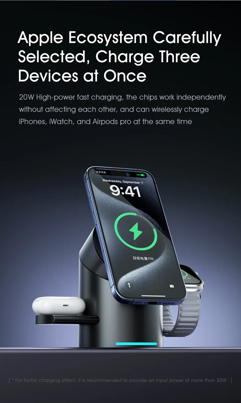 3-in-1 MagSafe Wireless Charging Station for iPhone 16/15/14/13/12, AirPods & Apple Watch with Rotating Stand
