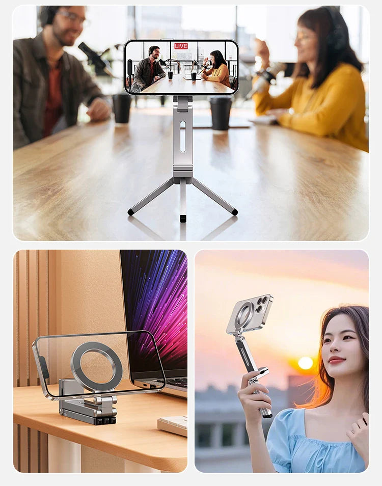 Foldable Mini Tripod with Magnetic Phone Holder — Portable Travel Stand for iPhone & Android, Ideal for Desk, Plane, or Train