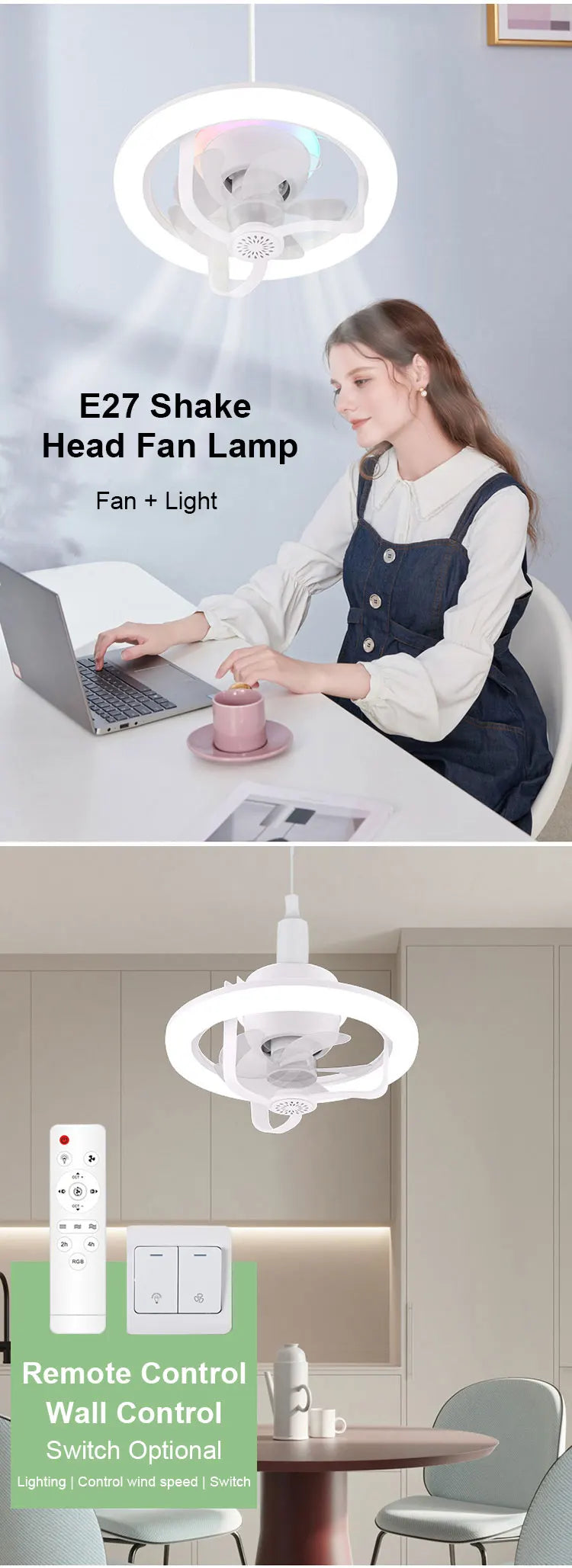 360° Rotating E27 LED Ceiling Fan Light with Remote, RGB Color, Dimmable Ventilator Lamp for Home Lighting, AC 85-265V
