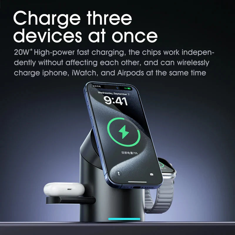 3-in-1 MagSafe Wireless Charging Station for iPhone 16/15/14/13/12, AirPods & Apple Watch with Rotating Stand