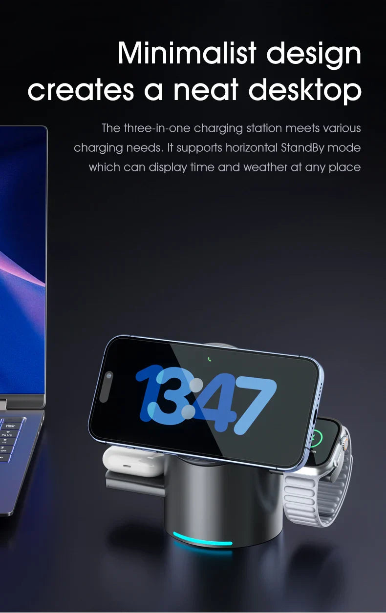 3-in-1 MagSafe Wireless Charging Station for iPhone 16/15/14/13/12, AirPods & Apple Watch with Rotating Stand