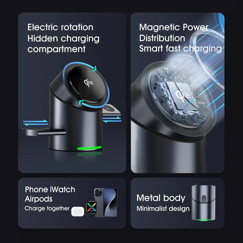 3-in-1 MagSafe Wireless Charging Station for iPhone 16/15/14/13/12, AirPods & Apple Watch with Rotating Stand