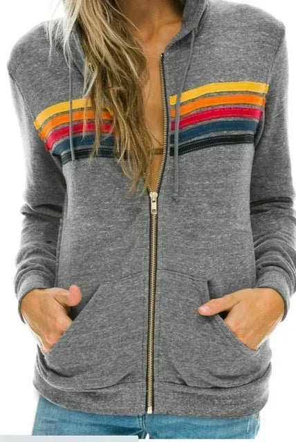 Autumn Unisex Aviator Nation Hooded Zip-Up Sweatshirt — Long-Sleeve Rainbow 5-Stripe Hoodie Jacket