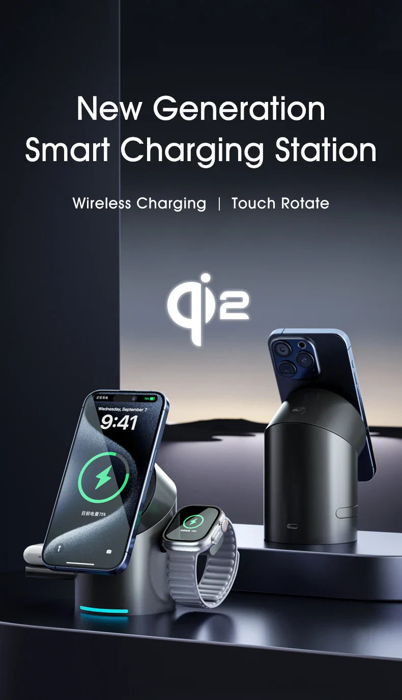3-in-1 MagSafe Wireless Charging Station for iPhone 16/15/14/13/12, AirPods & Apple Watch with Rotating Stand