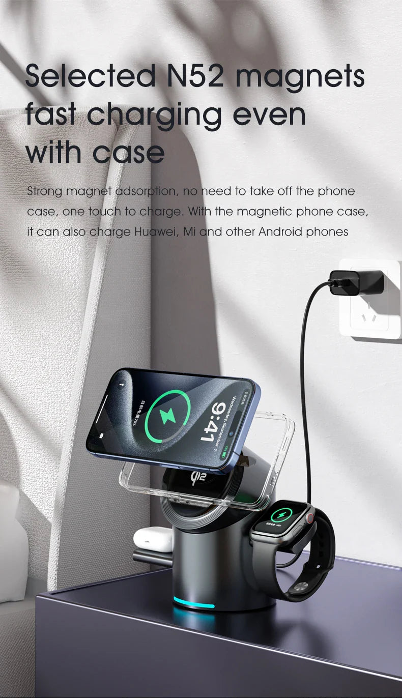 3-in-1 MagSafe Wireless Charging Station for iPhone 16/15/14/13/12, AirPods & Apple Watch with Rotating Stand