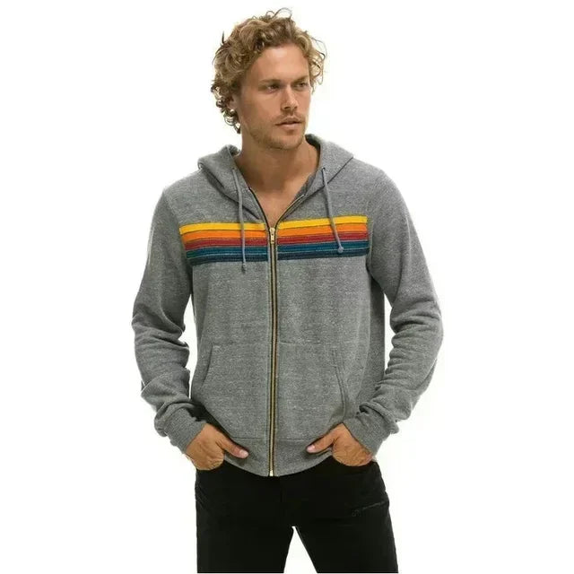 Autumn Unisex Aviator Nation Hooded Zip-Up Sweatshirt — Long-Sleeve Rainbow 5-Stripe Hoodie Jacket