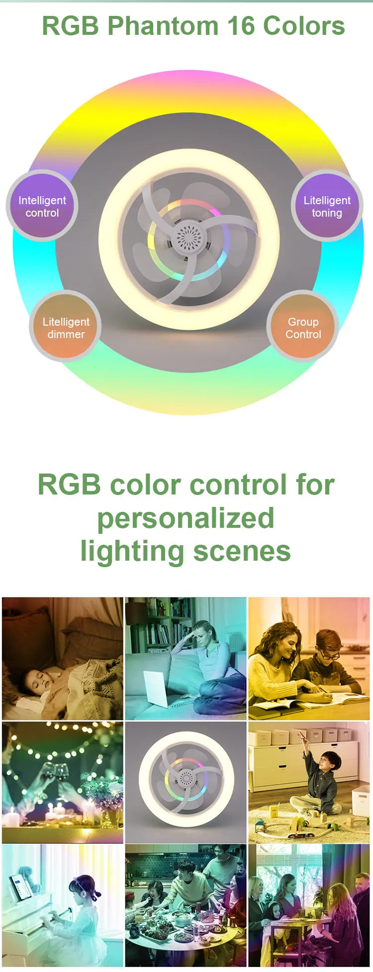 360° Rotating E27 LED Ceiling Fan Light with Remote, RGB Color, Dimmable Ventilator Lamp for Home Lighting, AC 85-265V