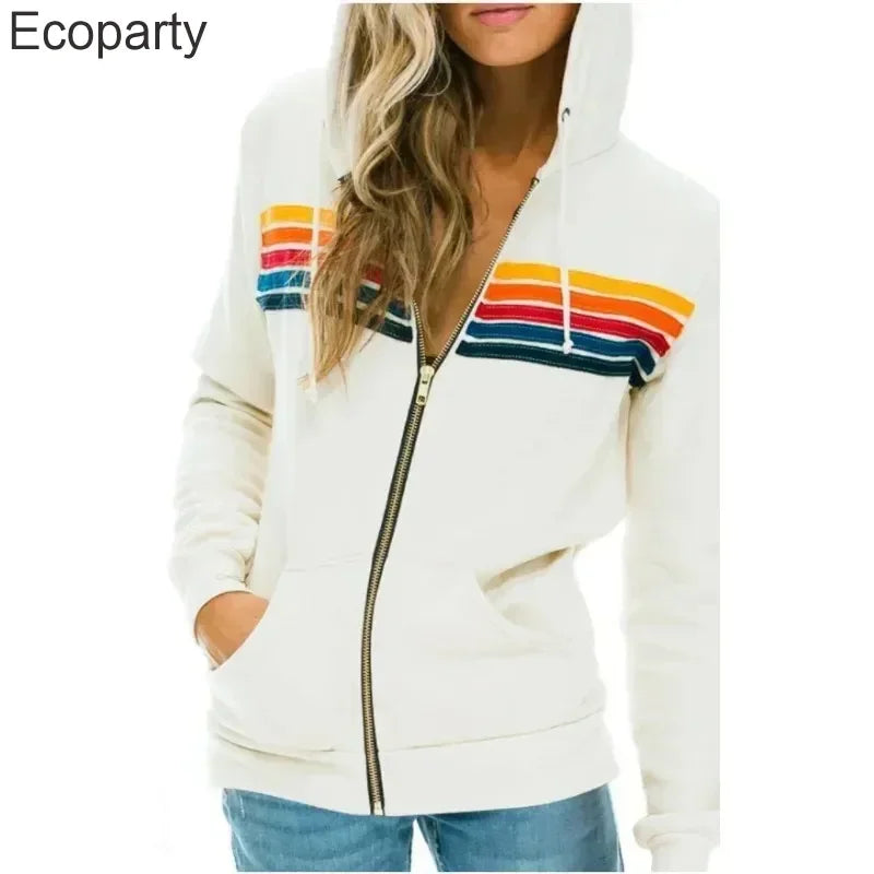 Autumn Unisex Aviator Nation Hooded Zip-Up Sweatshirt — Long-Sleeve Rainbow 5-Stripe Hoodie Jacket