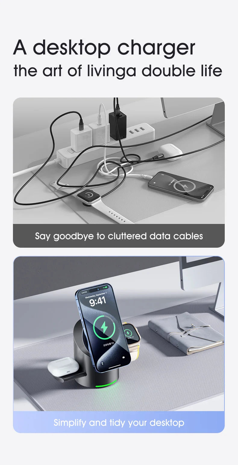 3-in-1 MagSafe Wireless Charging Station for iPhone 16/15/14/13/12, AirPods & Apple Watch with Rotating Stand