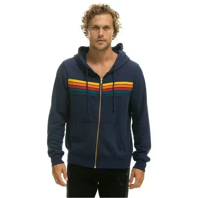 Autumn Unisex Aviator Nation Hooded Zip-Up Sweatshirt — Long-Sleeve Rainbow 5-Stripe Hoodie Jacket