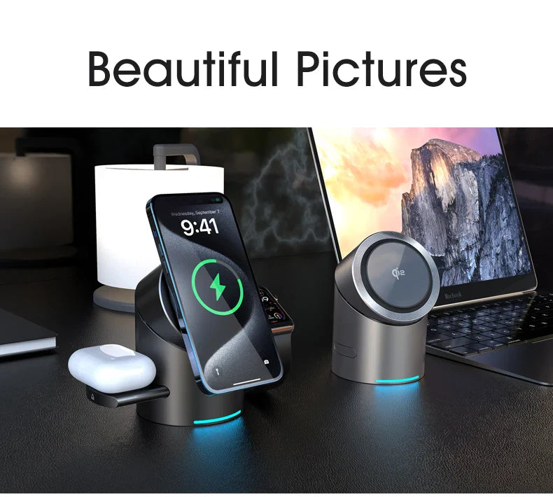 3-in-1 MagSafe Wireless Charging Station for iPhone 16/15/14/13/12, AirPods & Apple Watch with Rotating Stand