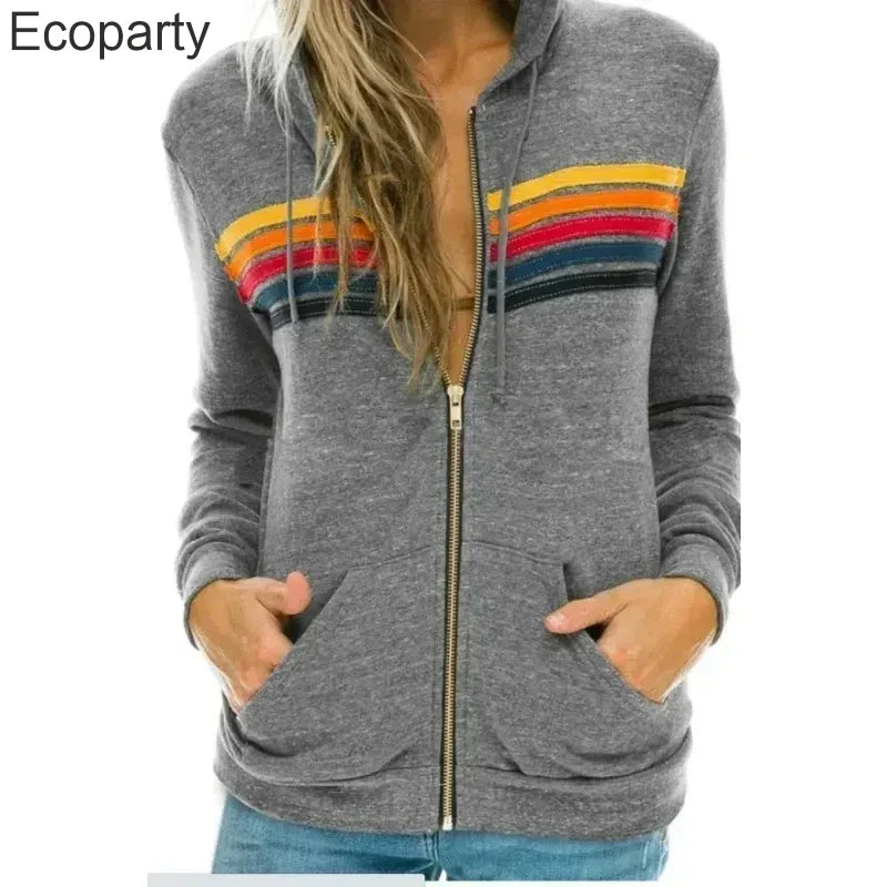 Autumn Unisex Aviator Nation Hooded Zip-Up Sweatshirt — Long-Sleeve Rainbow 5-Stripe Hoodie Jacket