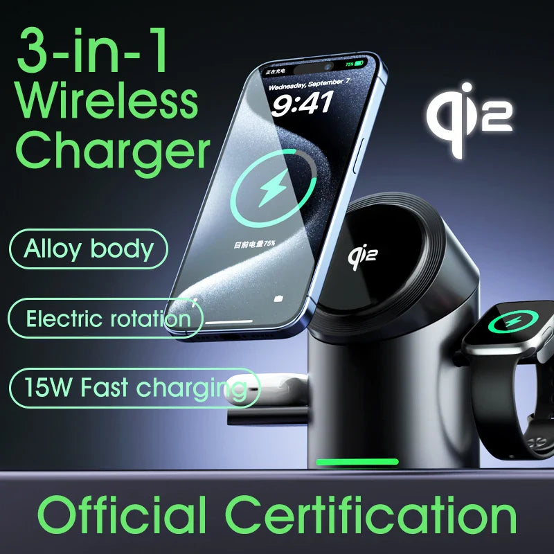 3-in-1 MagSafe Wireless Charging Station for iPhone 16/15/14/13/12, AirPods & Apple Watch with Rotating Stand