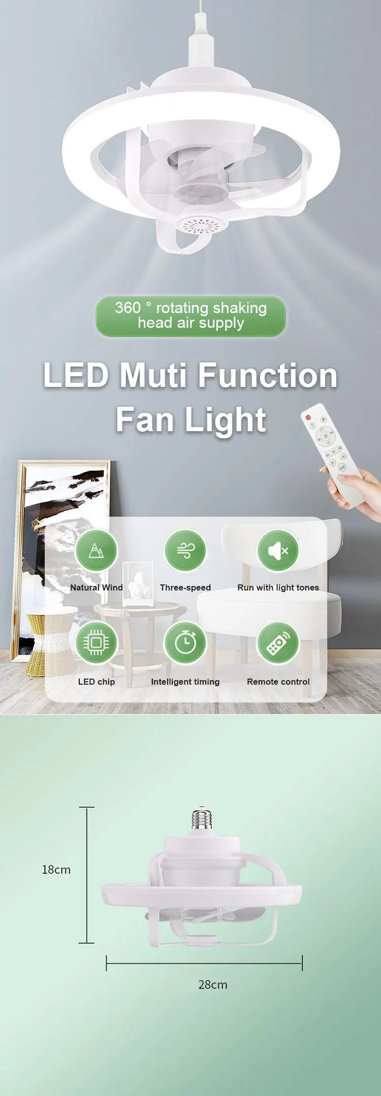 360° Rotating E27 LED Ceiling Fan Light with Remote, RGB Color, Dimmable Ventilator Lamp for Home Lighting, AC 85-265V