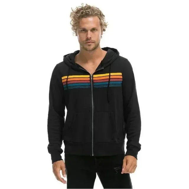 Autumn Unisex Aviator Nation Hooded Zip-Up Sweatshirt — Long-Sleeve Rainbow 5-Stripe Hoodie Jacket