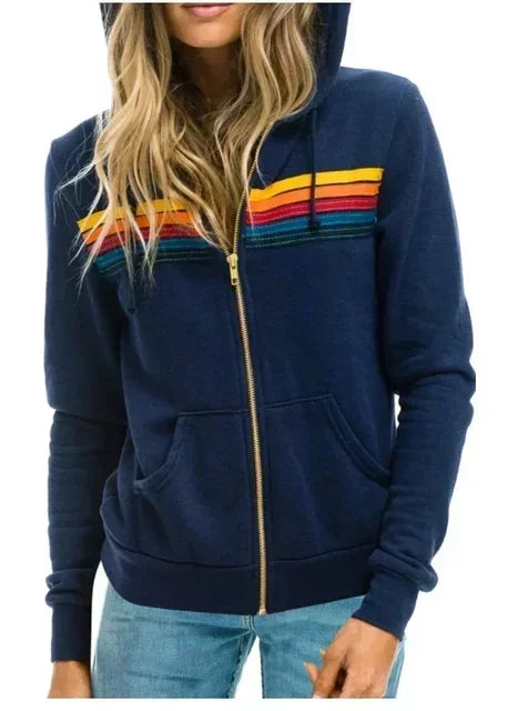 Autumn Unisex Aviator Nation Hooded Zip-Up Sweatshirt — Long-Sleeve Rainbow 5-Stripe Hoodie Jacket
