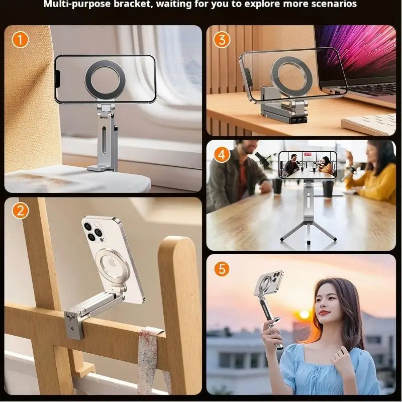 Foldable Mini Tripod with Magnetic Phone Holder — Portable Travel Stand for iPhone & Android, Ideal for Desk, Plane, or Train