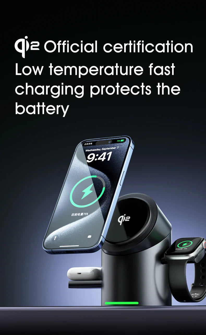 3-in-1 MagSafe Wireless Charging Station for iPhone 16/15/14/13/12, AirPods & Apple Watch with Rotating Stand