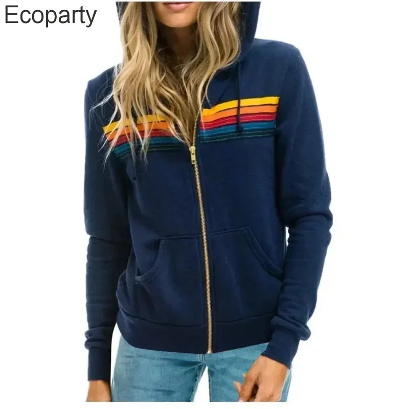 Autumn Unisex Aviator Nation Hooded Zip-Up Sweatshirt — Long-Sleeve Rainbow 5-Stripe Hoodie Jacket
