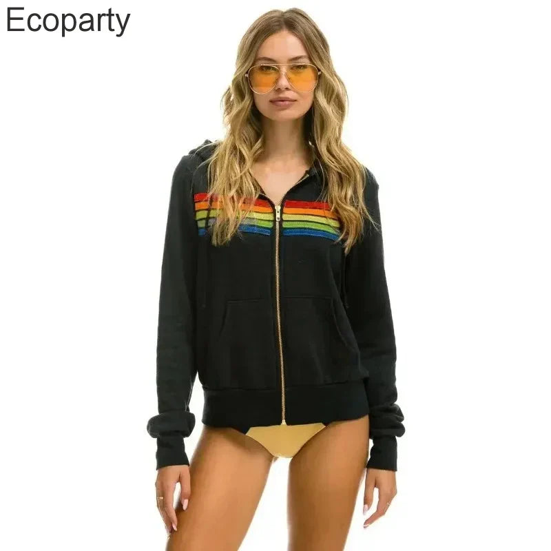 Autumn Unisex Aviator Nation Hooded Zip-Up Sweatshirt — Long-Sleeve Rainbow 5-Stripe Hoodie Jacket