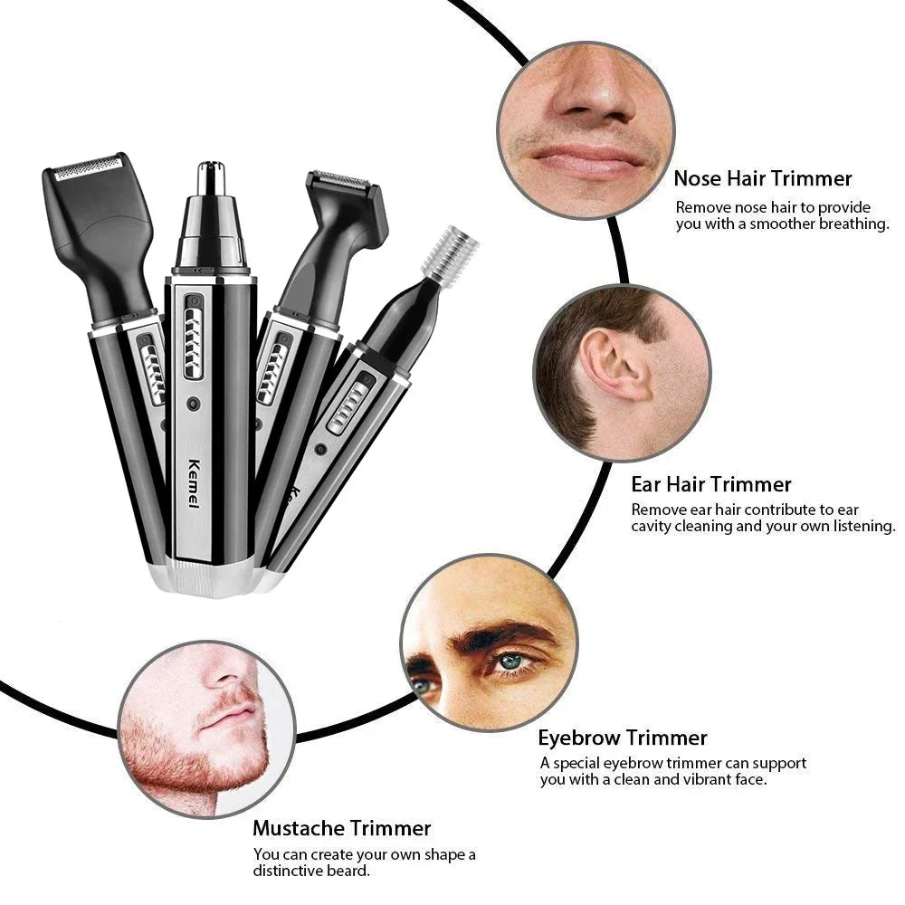 Kemei 4-in-1 Men's Grooming Kit - Rechargeable Electric Trimmer for Hair, Beard, Nose & Ear