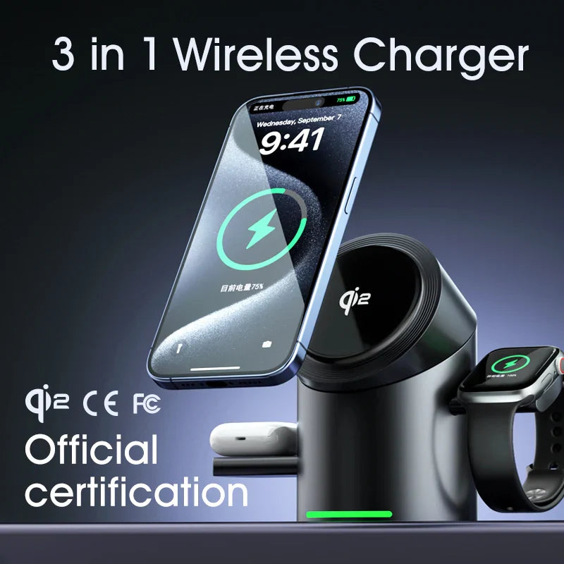 3-in-1 MagSafe Wireless Charging Station for iPhone 16/15/14/13/12, AirPods & Apple Watch with Rotating Stand
