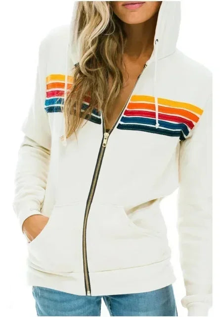 Autumn Unisex Aviator Nation Hooded Zip-Up Sweatshirt — Long-Sleeve Rainbow 5-Stripe Hoodie Jacket