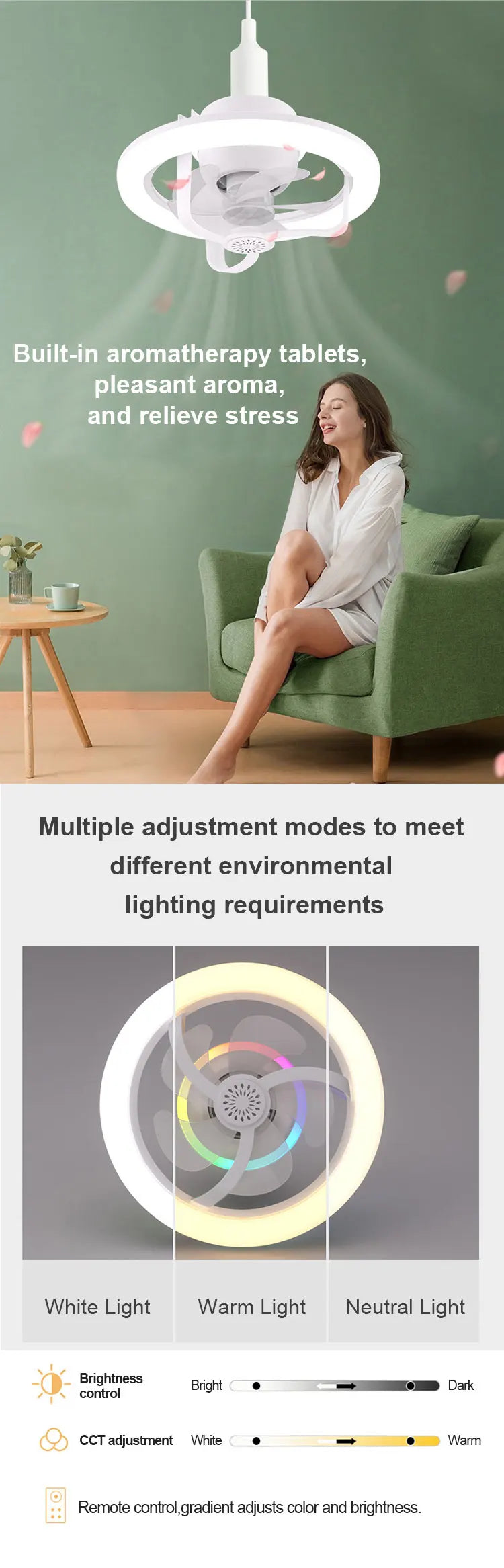 360° Rotating E27 LED Ceiling Fan Light with Remote, RGB Color, Dimmable Ventilator Lamp for Home Lighting, AC 85-265V