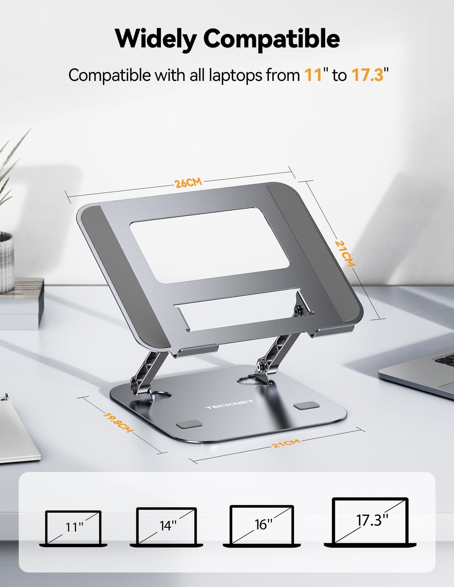 TECKNET Ergonomic Adjustable Laptop Stand – Foldable Holder for 11–17.3 Inch Laptops, MacBooks & Tablets