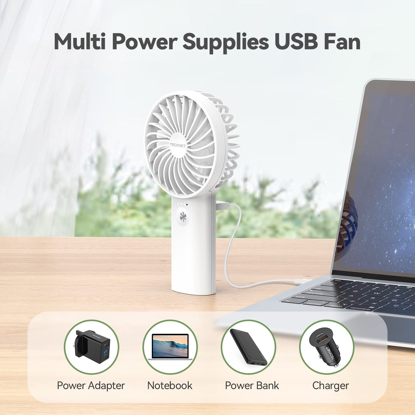 TECKNET 2-in-1 Handheld Fan with 5200mAh Rechargeable Power Bank — Portable Mini Fan for On-the-Go Cooling