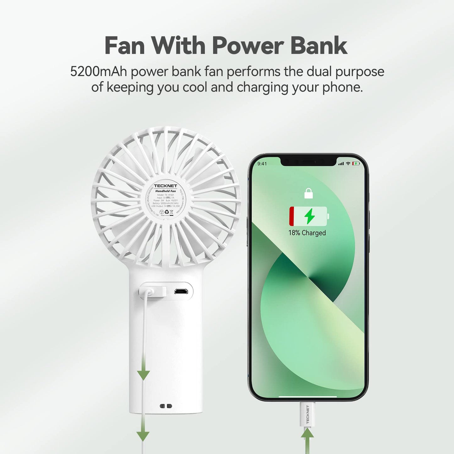 TECKNET 2-in-1 Handheld Fan with 5200mAh Rechargeable Power Bank — Portable Mini Fan for On-the-Go Cooling