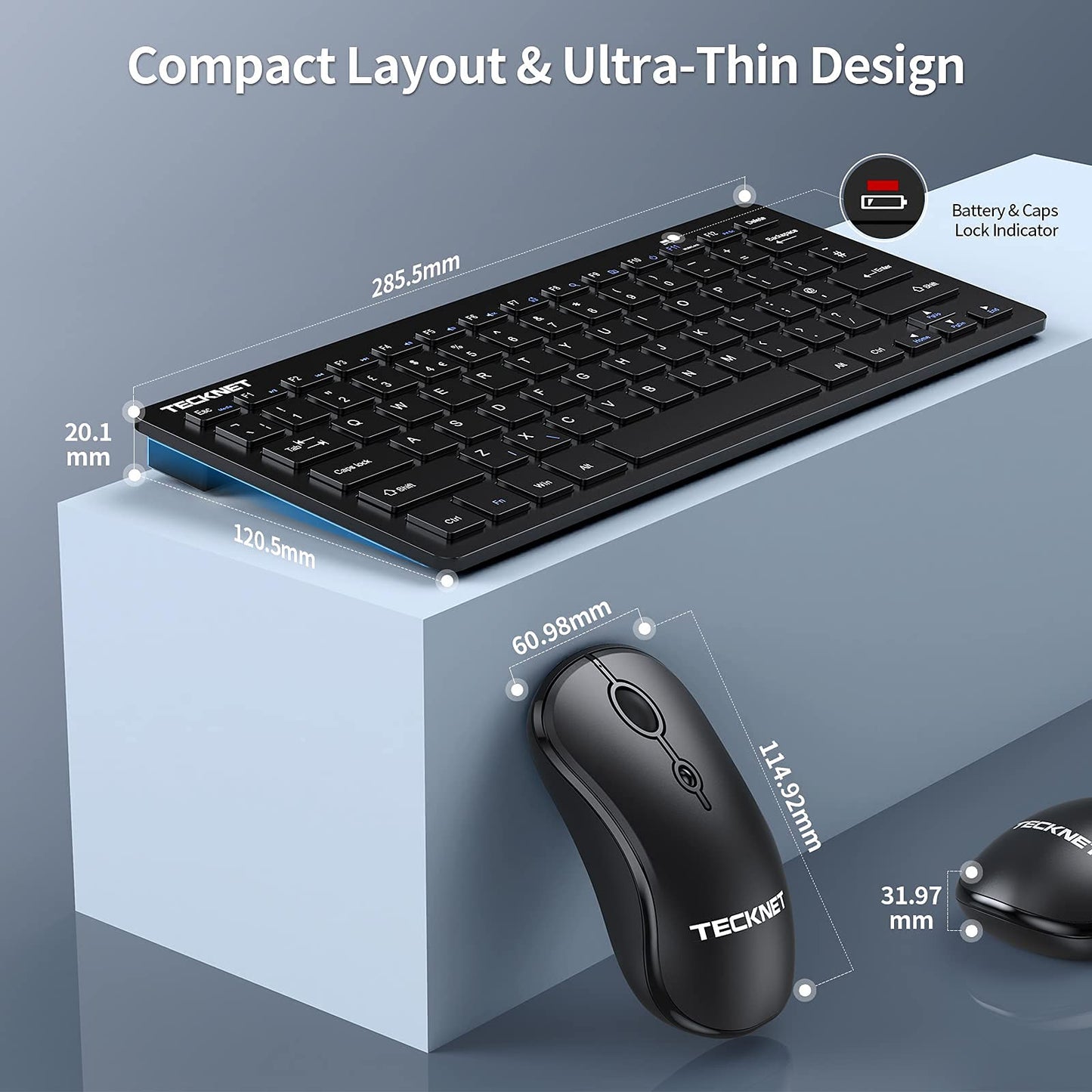 TECKNET Mini Wireless Keyboard & Mouse Set — Ultra-Compact 2.4G USB Cordless Keyboard with Silent Mouse