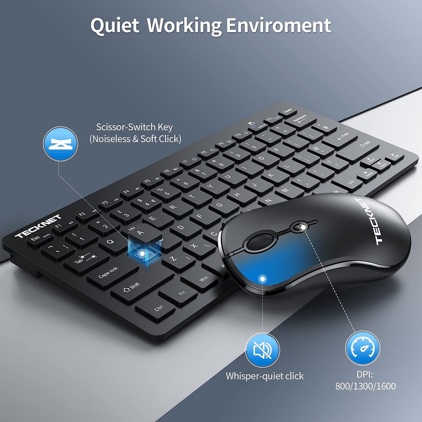 TECKNET Mini Wireless Keyboard & Mouse Set — Ultra-Compact 2.4G USB Cordless Keyboard with Silent Mouse