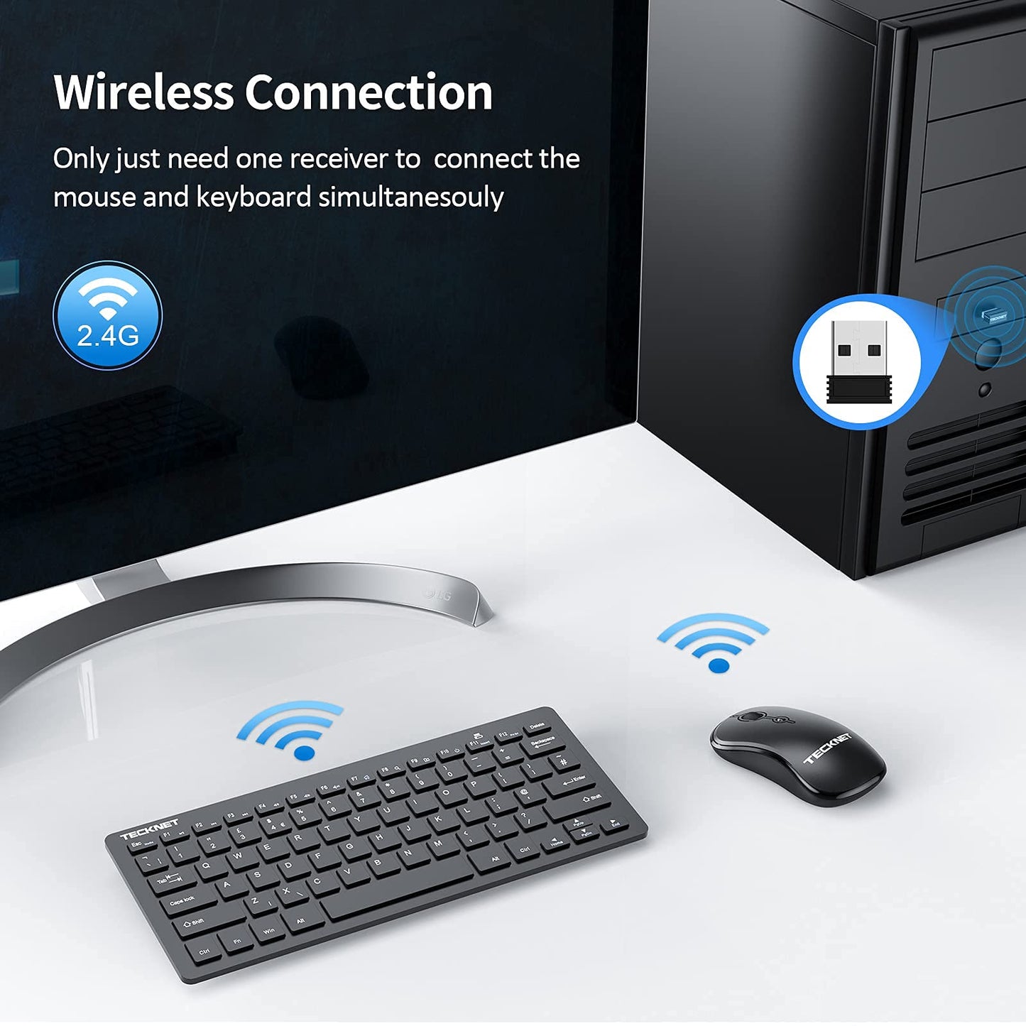 TECKNET Mini Wireless Keyboard & Mouse Set — Ultra-Compact 2.4G USB Cordless Keyboard with Silent Mouse